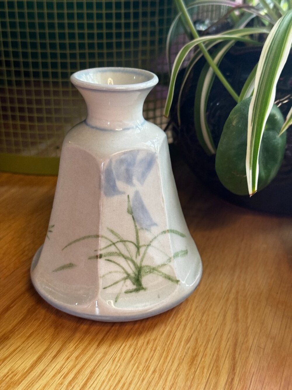 Ceramic Studio Art Pottery Single Bud Vase, Floral Iris Design, Circa 1990s